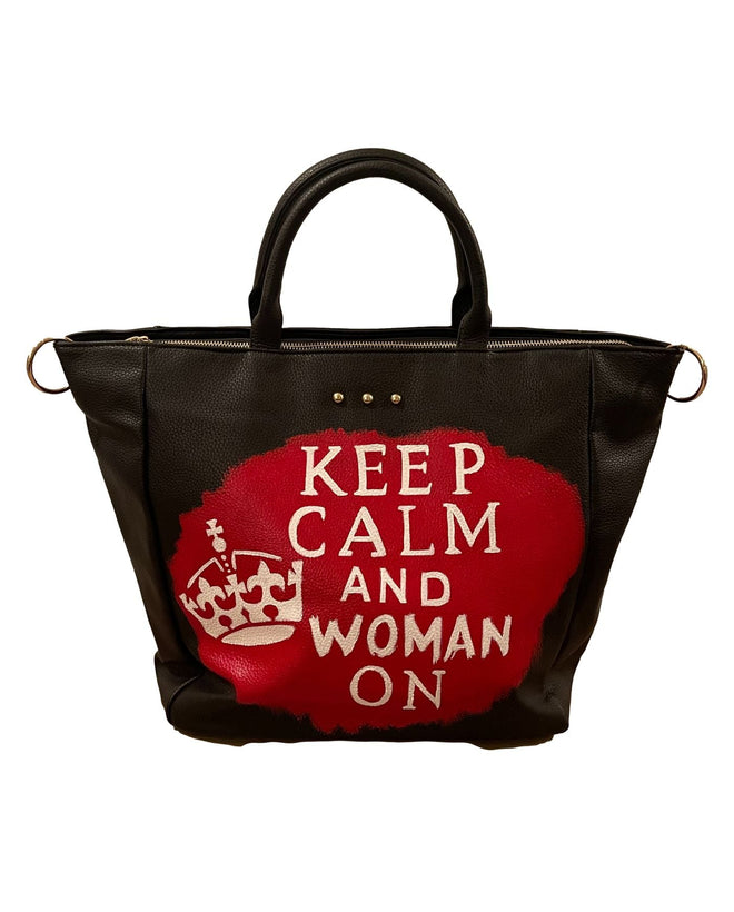 Keep Calm & Woman On Custom Hand - Painted Black Tote Bag - altruesm